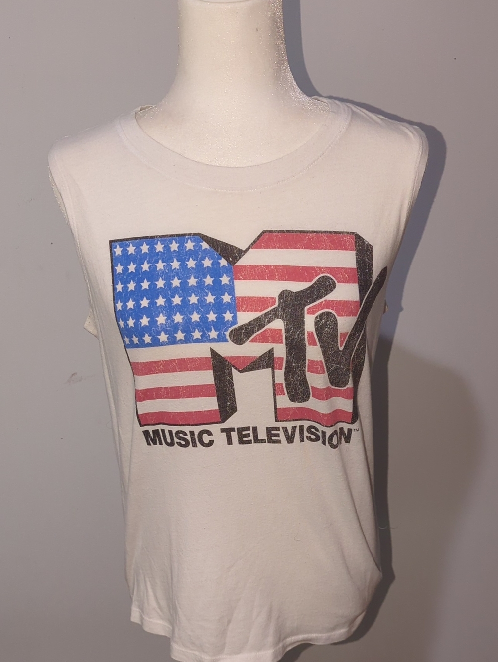 MTV White Muscle Tank with Red, Blue & Black Flag Logo
